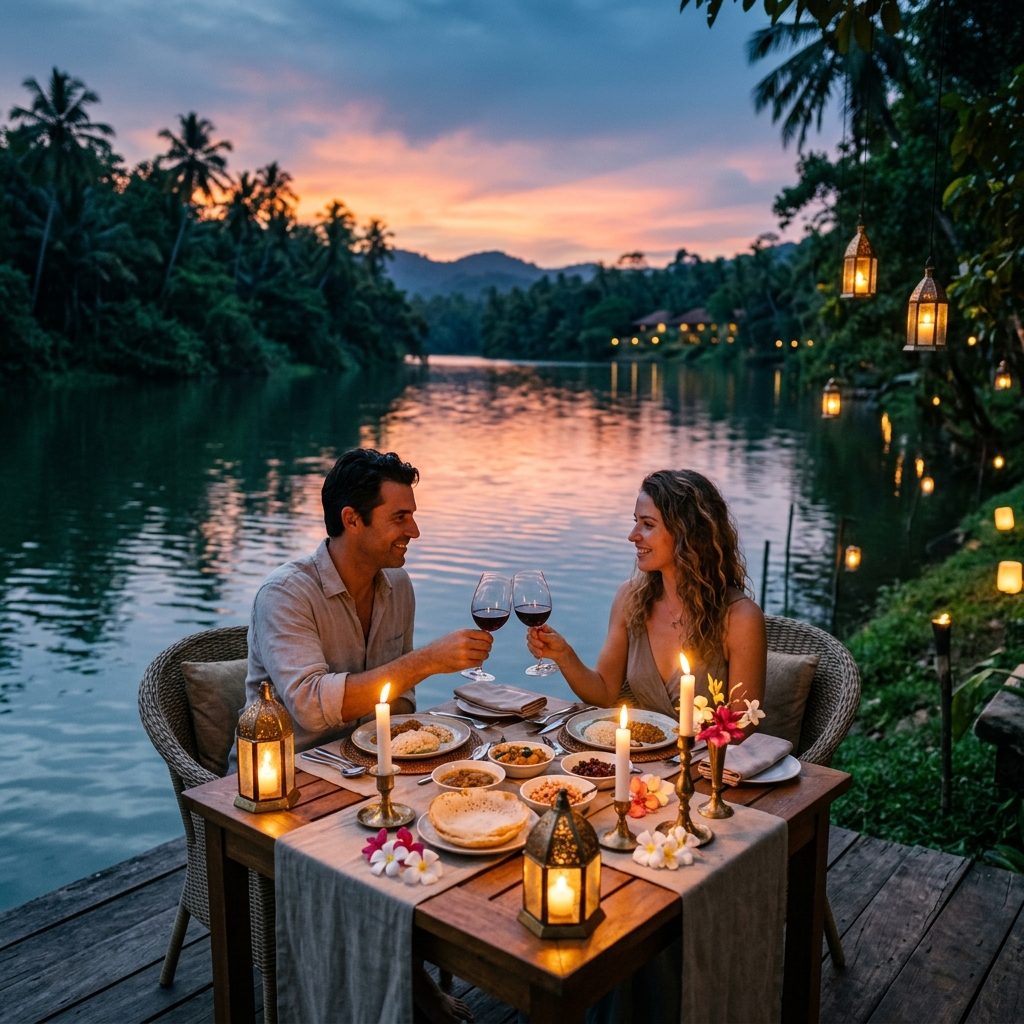 Private dinner table set up by the river bank at sunset