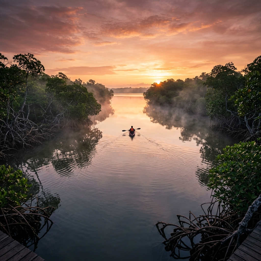 Aerial drone view of the winding mangrove rivers of Garanduwa Lagoon in Mirissa, Sri Lanka