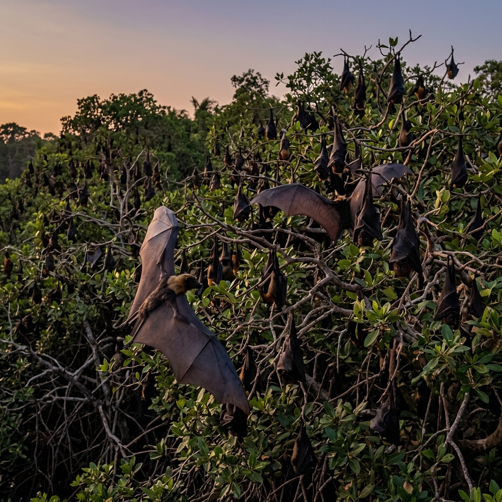 Indian Flying Fox fruit bat roosting in the mangrove forest of Garanduwa Lagoon