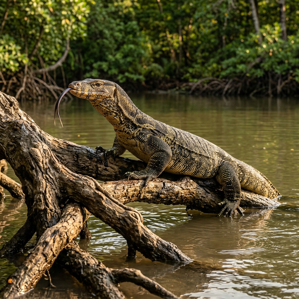 Asian Water Monitor lizard basking on mangrove tree roots along the river bank